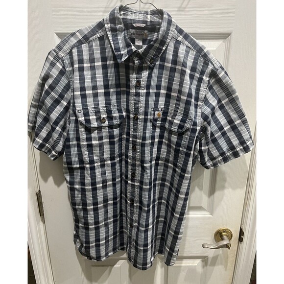 Carhartt Shirt Mens L Blue Plaid Relaxed Fit Short Sleeve Outdoor Button Up - Picture 1 of 4